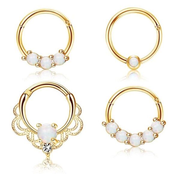 16G 316L Stainless Steel Yellow Gold with White Fire Opal Nose Rings - Set of 4 - Picture 1 of 5